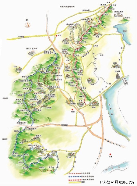 古荡公交站),途经老和山,秦亭山,将军山,美女山,灵峰山,状元峰,北高峰
