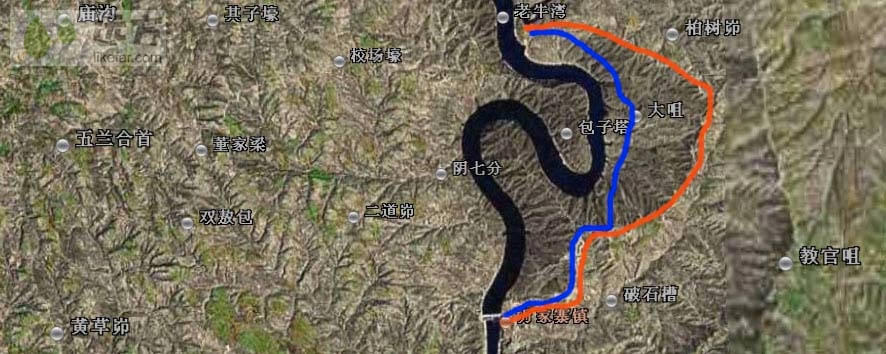老牛湾位置示意图以及徒步线路图
